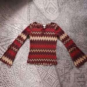 Vintage 90s Y2K Rave Chevron Zigzag Bell Sleeve Boho Top Made in USA Size S